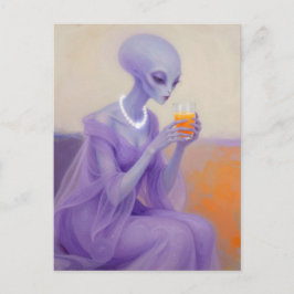 Cartão Postal Beautiful Alien Lady in Purple With Orange Juice
