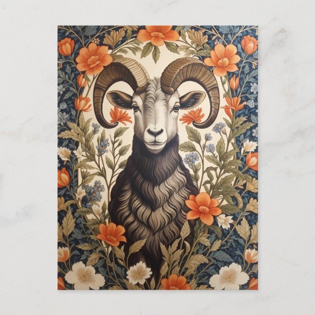 Cartão Postal Beautiful Big Horn Sheep William Morris Inspired (Frente)