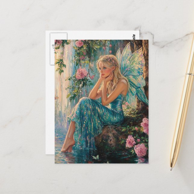 Cartão Postal Beautiful Fairy at the Waterfall (Frente/Verso In Situ)