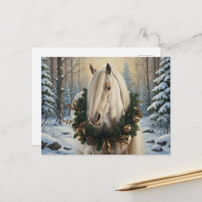 Cartão Postal Beautiful Palomino Horse Winter Forest Christmas (Frente/Verso In Situ)