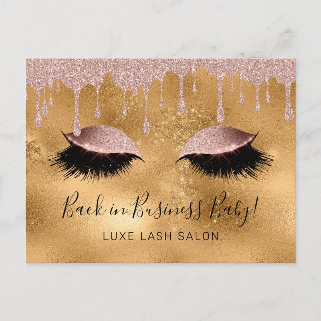 Cartão Postal Beauty Salon Dourada Glitter Reabrindo COVID19 (Frente)