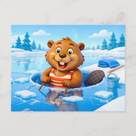 Cartão Postal Beaver Ice Bathing in a Striped Swimsuit