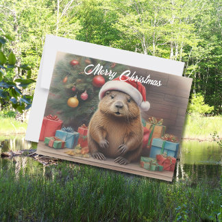 Cartão Postal Beaver vestindo chapéu de Santa com Christams pres