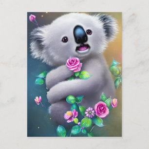 Cartão Postal Bebê Adorável Urso Koala com Flores