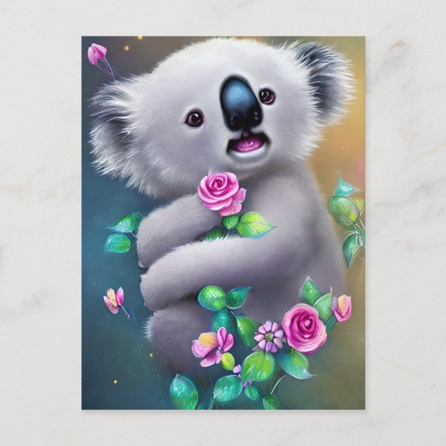 Cartão Postal Bebê Adorável Urso Koala com Flores (Frente)
