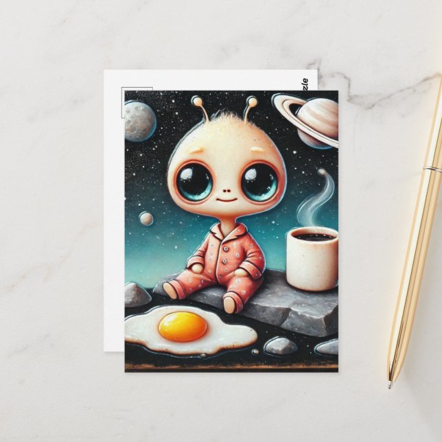 Cartão Postal Bebê Alien com Café e Ovo (Frente/Verso In Situ)