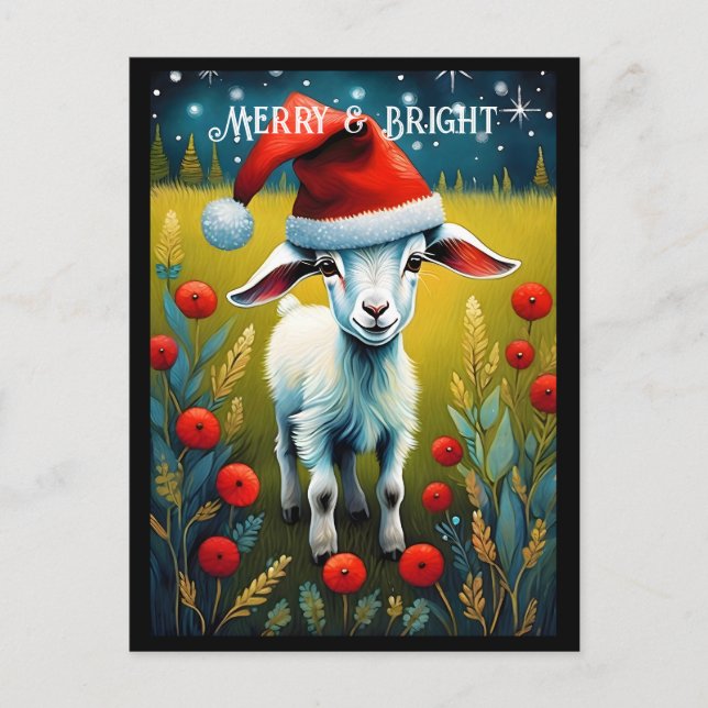 Cartão Postal Bebê Bode Cabrito Prado Papai Noel Animal Natal (Frente)