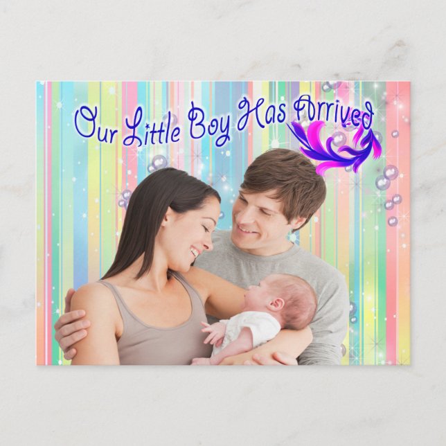 Cartão Postal Bebê Boy Bubbles e Unicórns chegaram (Frente)