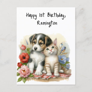 Cartão Postal Bebê Cachorrinho e Gatito Primeiro Aniversário Per