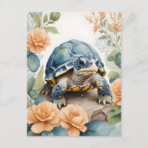 Cartão Postal Bebê Cachorro Tortoise Pastel Floral Watercolor