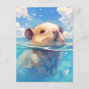 Cartão Postal Bebê Capivara Nadando em Água do Oceano Azul Profu