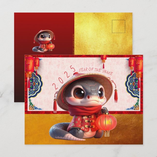 Cartão Postal Bebê Cobra Fofo Ano Novo Chinês 2025 com textos P (Frente/Verso)
