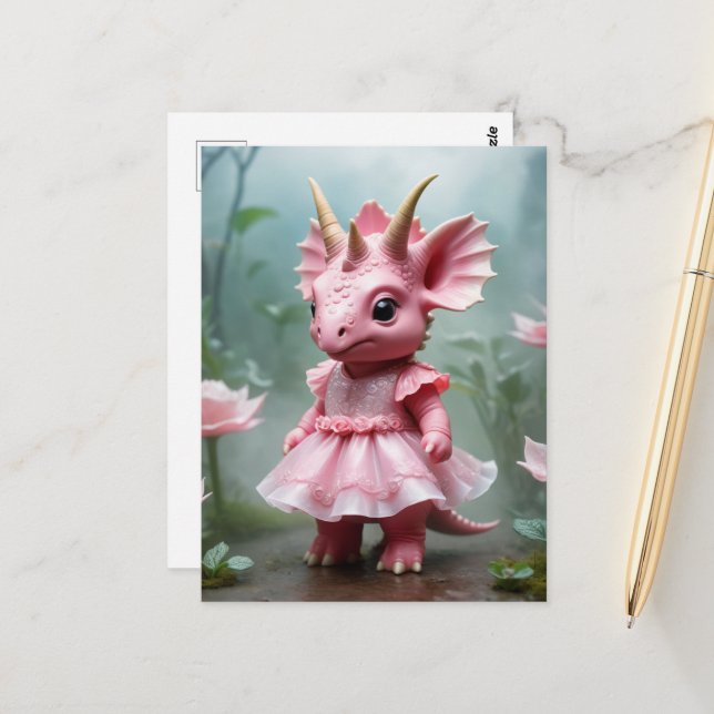 Cartão Postal Bebê Dino com um Vestido Rosa (Frente/Verso In Situ)
