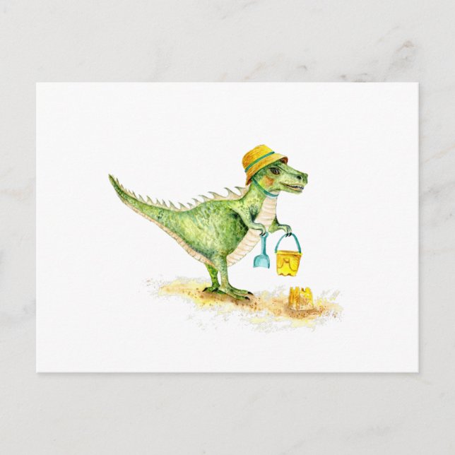 Cartão Postal Bebê Dinossauro T-Rex na Praia (Frente)