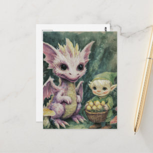 Cartão Postal Bebê Dragão Roxo Fofo e Elfo Com Ovos