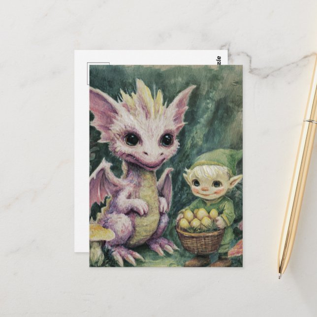 Cartão Postal Bebê Dragão Roxo Fofo e Elfo Com Ovos (Frente/Verso In Situ)