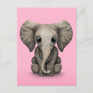 Cartão Postal Bebê Elefante Fofo Sentado, Rosa