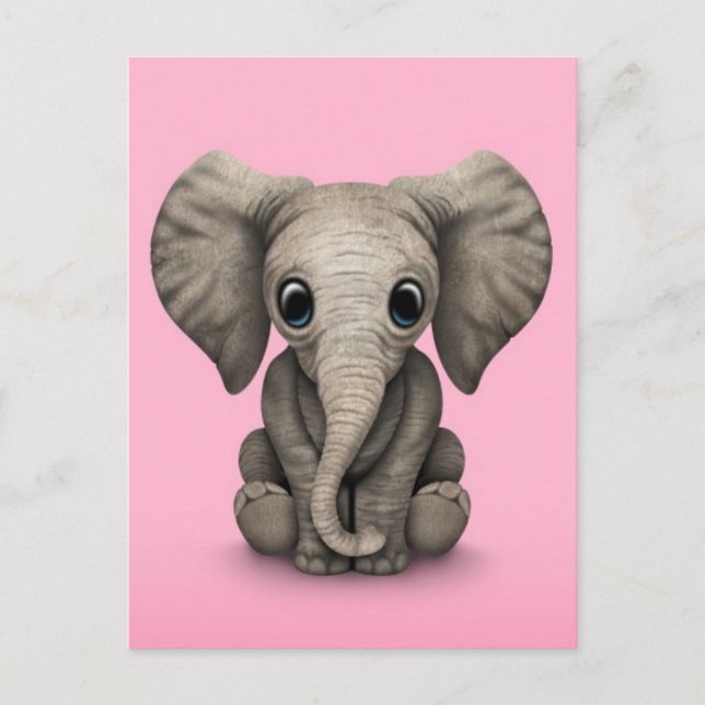 Cartão Postal Bebê Elefante Fofo Sentado, Rosa (Frente)