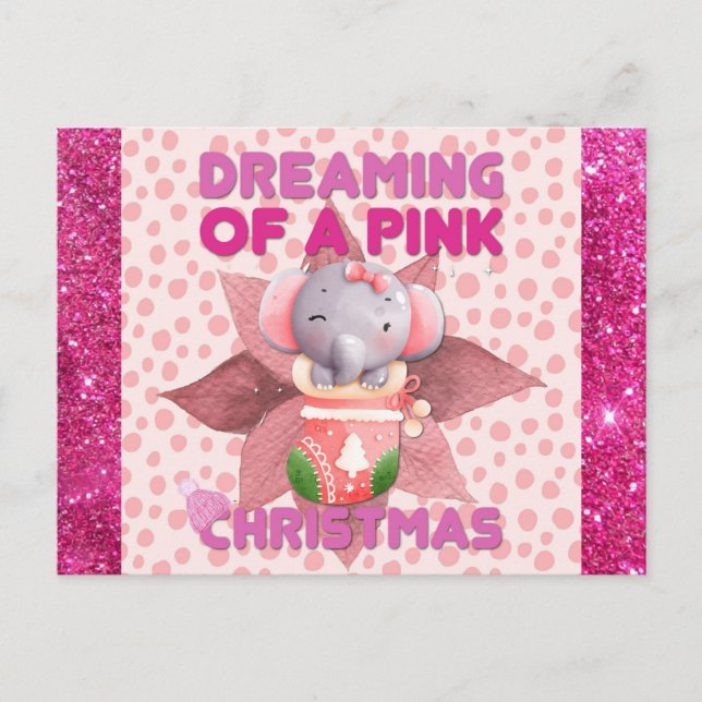 Cartão Postal Bebê Elefante Sonhando com um Natal Rosa (Frente)