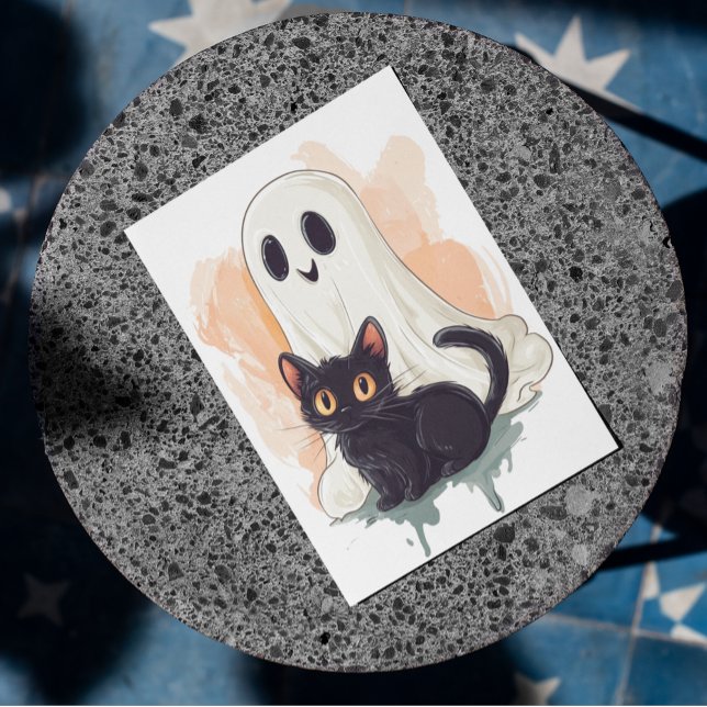Cartão Postal Bebê Fantasma Fofinho Gatinho Preto Halloween (Criador carregado)