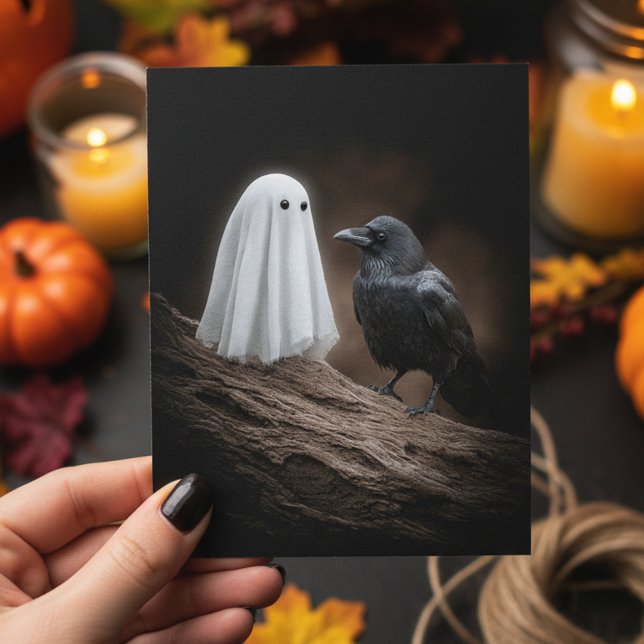 Cartão Postal Bebê Fantasma Fofo e Corvo Dia das Bruxas (Criador carregado)