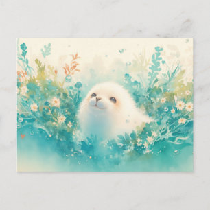 Cartão Postal Bebê Foca Adorável em Prado de Aquarela