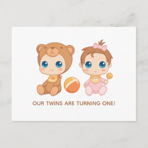 Cartão Postal Bebê gêmeos Primeiro Aniversário Chamada de Urso