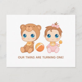 Cartão Postal Bebê gêmeos Primeiro Aniversário Chamada de Urso