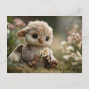Cartão Postal Bebê Grifo Fofo Segurando Flores Silvestres no Jar