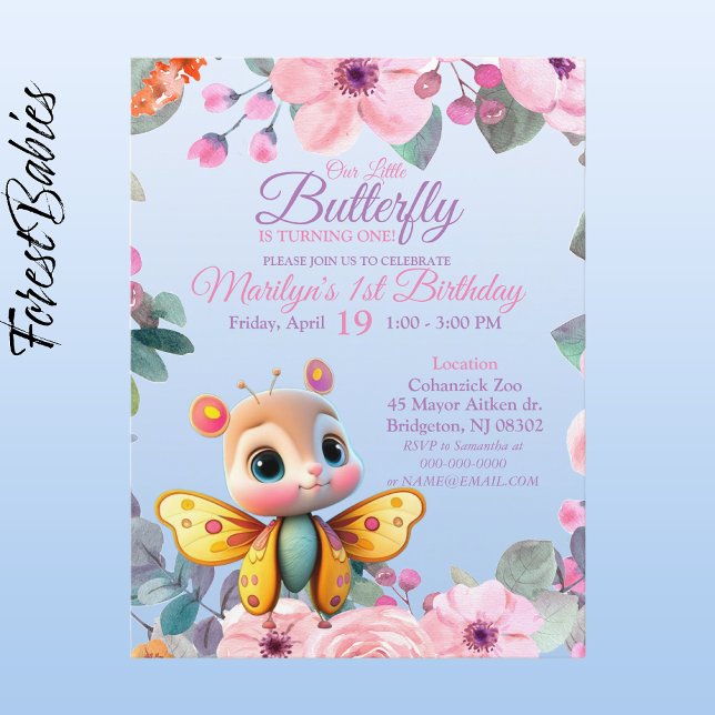 Cartão Postal Bebê Menina Flor de Borboleta 1º Aniversário (Butterfly Girl 🦋 Pink Floral 🌸 ForestBabies Customizable 1st Birthday Party Front)