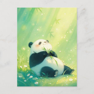 Cartão Postal Bebê Panda Feliz na Floresta de Bambu Iluminada pe