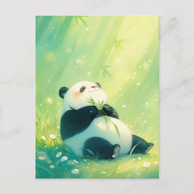 Cartão Postal Bebê Panda Feliz na Floresta de Bambu Iluminada pe (Frente)