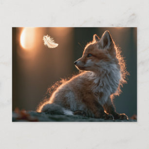 Cartão Postal Bebê Raposa Curiosa Observando uma Pena Flutuante