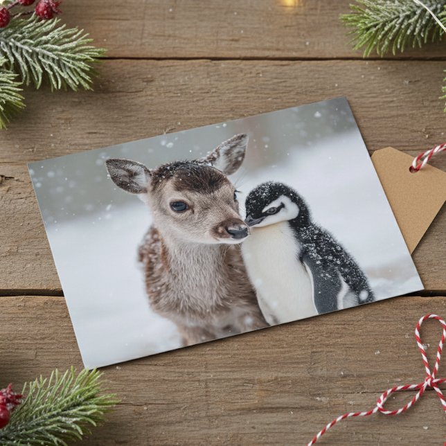 Cartão Postal Bebê Rena e Pingüim Festa de Natal (Criador carregado)