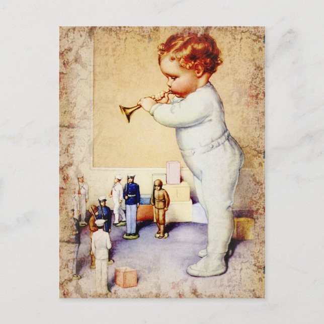 Cartão Postal Bebê ruivo soprando chifre para soldados (Frente)