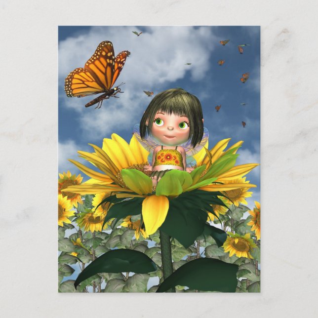 Cartão Postal Bebê Sunflower Fairy com fundo de verão (Frente)