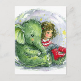 Cartão Postal Bebê Surrealista Elefante Verde e Menina em Botas 