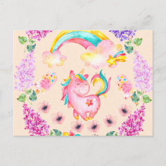 Cartão Postal Bebê unicórnio tocando em seu jardim Multi-produto