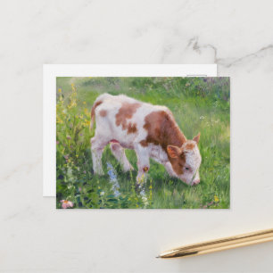 Cartão Postal Bebê Vaca Fofa em Campo de Flores, Estilo Claude M