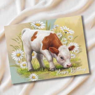 Cartão Postal Bebê Vaca Fofa em Campo de Margaridas, Aniversário