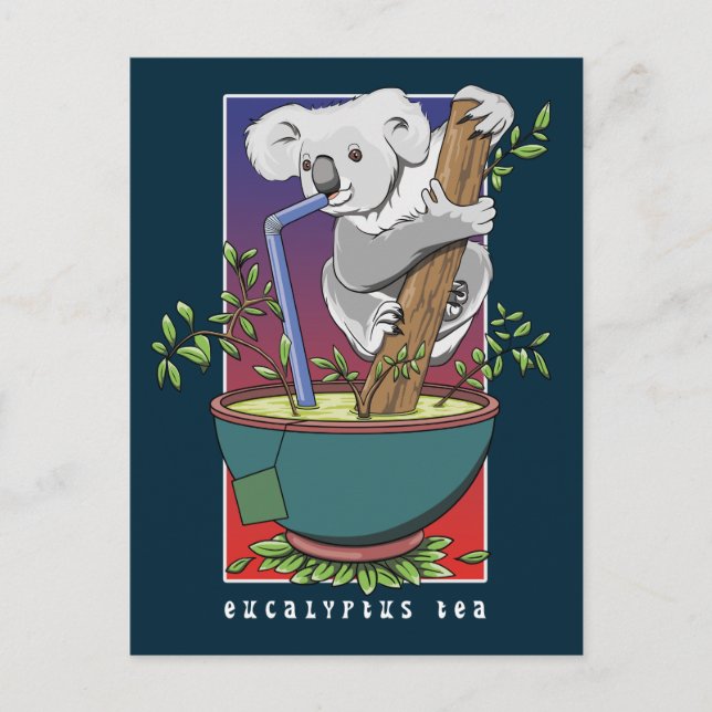 Cartão Postal Bebendo Koala, chá eucalyptus (Frente)