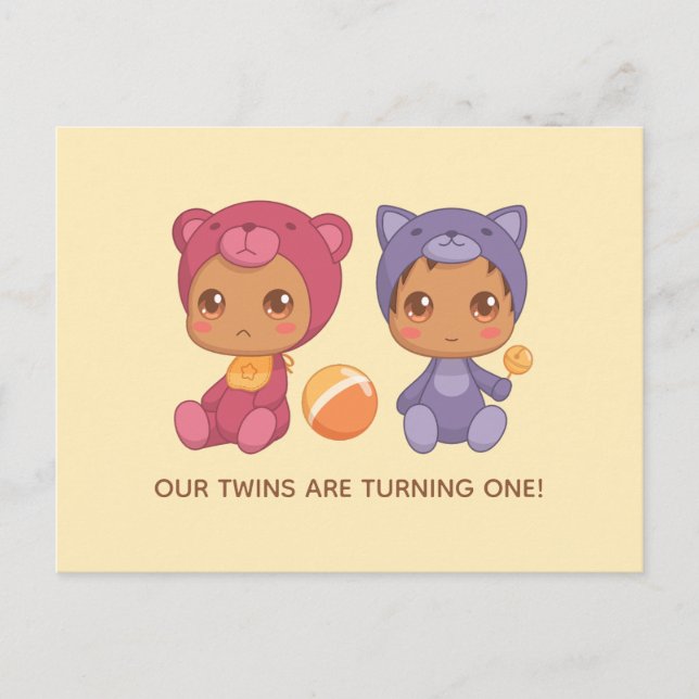Cartão Postal Bebês gêmeos Primeiro Aniversário Gato Urso Convoc (Frente)