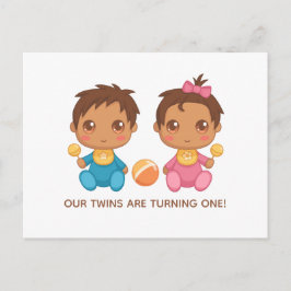 Cartão Postal Bebês gêmeos Primeiro Aniversário, Menino e Convit