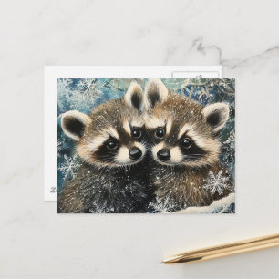 Cartão Postal Bebês Mapaches Fofos e Adoráveis na Neve de Invern