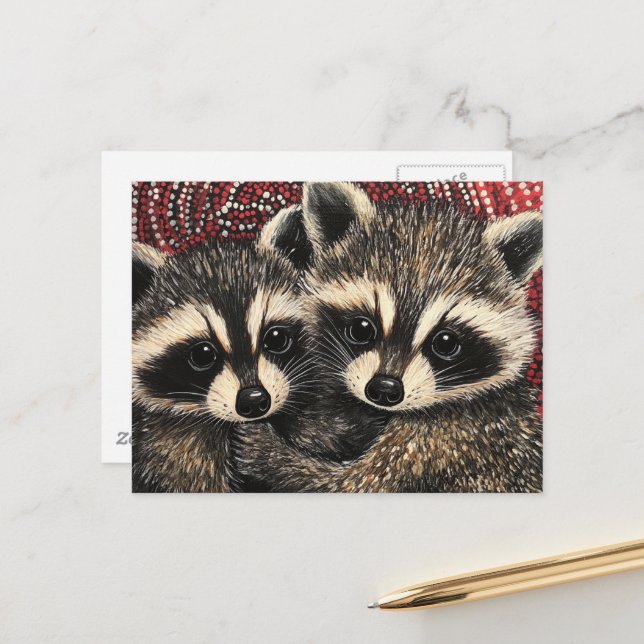 Cartão Postal Bebês Mapaches Fofos Pintando com Bolinhas Vermelh (Frente/Verso In Situ)