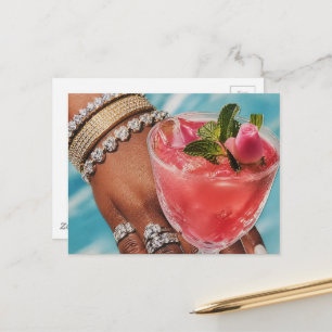 Cartão Postal Bebida de Rosa Elegante e Colagem de Mídia Mista d