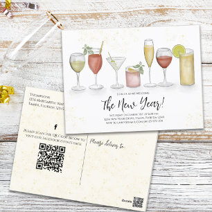 Cartão Postal Bebidas de Coquetel de Festa de Ano Novo Código QR