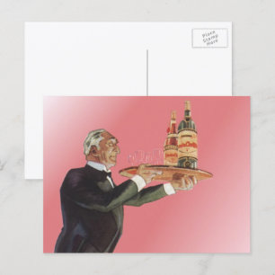 Cartão Postal Bebidas Vintage, Mordomo Servindo Vinho na Bandeja