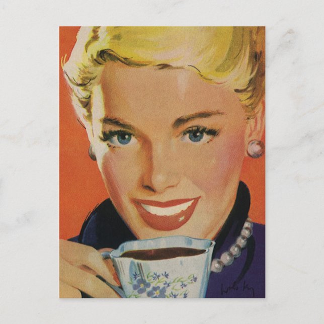 Cartão Postal Bebidas Vintage, Mulher Feliz com Café (Frente)