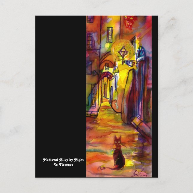 Cartão Postal BECO MEDIEVAL À NOITE EM FLORENÇA preto (Frente)